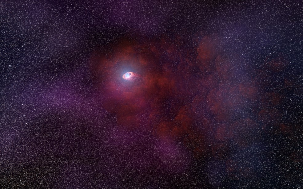 This is an illustration of a pulsar wind nebula produced by the interaction of the outflow particles from the neutron star with gaseous material in the interstellar medium that the neutron star is plowing through. Such an infrared-only pulsar wind nebula is unusual because it implies a rather low energy of the particles accelerated by the pulsar’s intense magnetic field. This hypothesized model would explain the unusual infrared signature of the neutron star as detected by NASA’s Hubble Space Telescope.