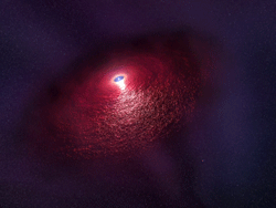 This animation depicts a neutron star (RX J0806.4-4123) with a disk of warm dust that produces an infrared signature as detected by NASA’s Hubble Space Telescope. The disk wasn’t directly photographed, but one way to explain the data is by hypothesizing a disk structure that could be 18 billion miles across. The disk would be made up of material falling back onto the neutron star after the supernova explosion that created the stellar remnant.